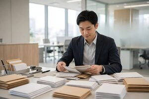 封筒や書類を仕分けする男性