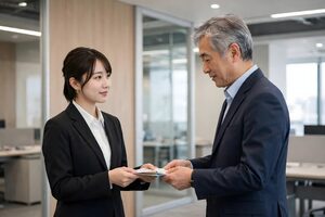 名刺を手渡す若手社員と年配の男性