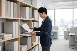 書棚のバインダーに書類を綴じる男性