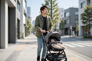 ベビーカーを押して歩く父親