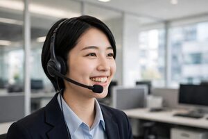 ヘッドセットで応対するコールセンターの女性