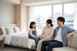 ホテルの客室でくつろぐ家族