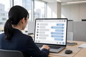 チャット画面で顧客対応をする女性