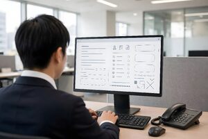 入力フォームを操作する男性とデスクの電話