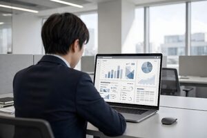 ノートパソコンで業務を進める若手社員