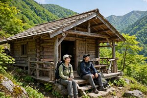 山小屋の前で休憩する登山者