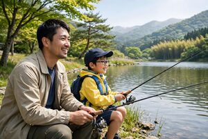湖畔で並んで釣りをする父と息子
