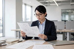 手描きの図案を見比べる眼鏡の女性