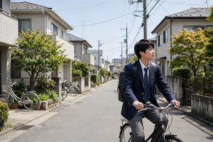 住宅街を自転車で通学する高校生