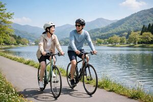 湖畔の道をサイクリングする男女