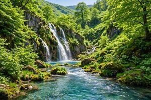 新緑の渓谷に流れ落ちる滝