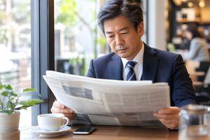 新聞の経済面を読む50代男性
