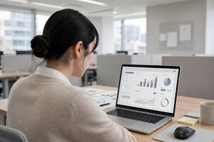 ノートパソコンで報告書を確認する女性の後ろ姿