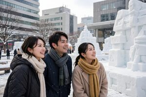 雪像が並ぶ雪まつりを見物する人たち