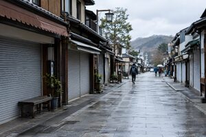 閉じた店が並ぶ人通りの少ない通り
