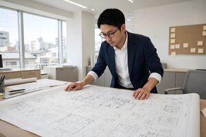 広げた設計図を確認する男性