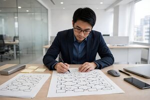 フローチャートを書き込む眼鏡の男性