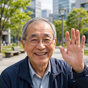 笑顔で手を振る高齢の男性