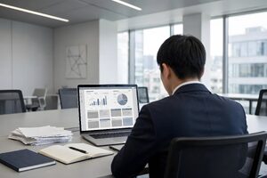 会議室で一人ノートパソコンに向かう男性
