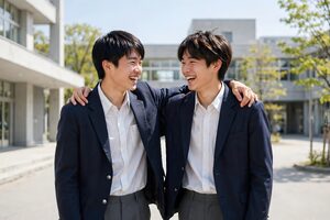 肩を組んで笑う男子高校生