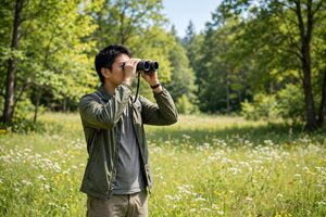 森で双眼鏡を使って野鳥を探す男性