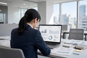 資料とグラフに囲まれて作業する女性