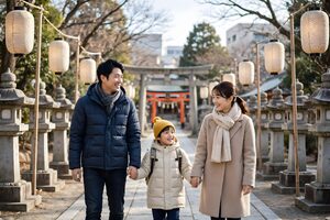 提灯が並ぶ神社の参道を歩く家族