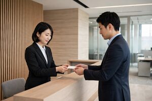 受付で名刺を差し出す男性と受け取る女性