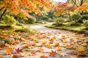 もみじの落ち葉が広がる庭園の小道