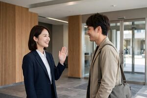 帰る来客に手を振って見送る女性