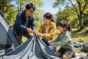 家族でテントを設営するキャンプ