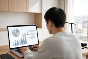 自宅の机でノートパソコンを操作する男性