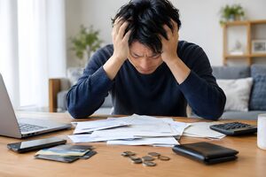 請求書の山に頭を抱える30代男性