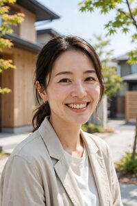 住宅街で笑顔を見せる女性のポートレート