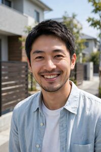 住宅街で笑顔を見せる男性のポートレート
