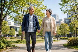 手をつないで公園を散歩する高齢の夫婦