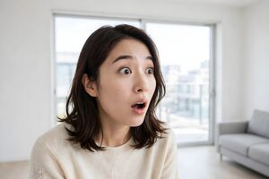 目を見開いて驚く女性