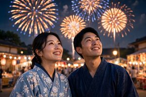 浴衣で花火を見上げるカップル