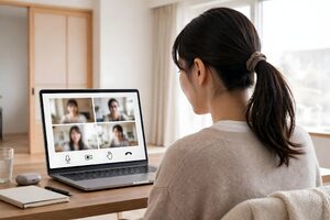 和室の見える部屋でオンライン会議に出る女性
