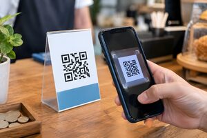 店頭のコードを読み取るスマホの手元