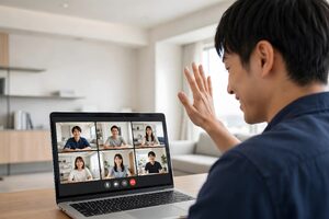 ビデオ会議の画面に向かって手を振る男性