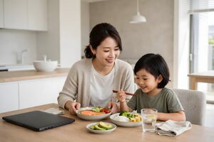 キッチンで母と子が囲む昼ごはん