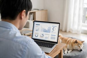 柴犬と過ごす在宅勤務の男性