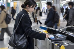 改札でICカードをかざす通勤客