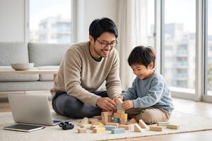 積み木で遊ぶ父と息子