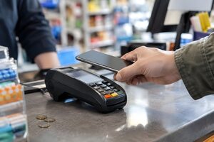 スマホを決済端末にかざす手元