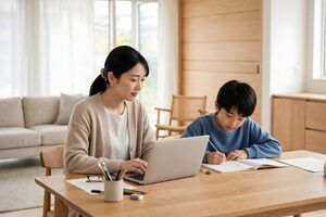 母のそばで宿題をする男の子
