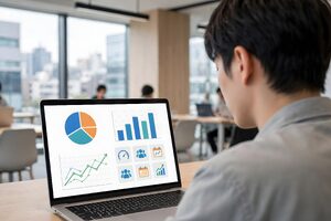 コワーキングスペースでデータを確認する男性