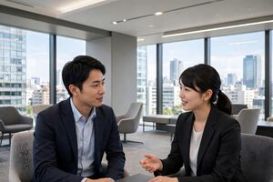 ラウンジで話し合う男性と女性