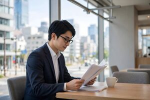 窓際の席で書類を読む男性